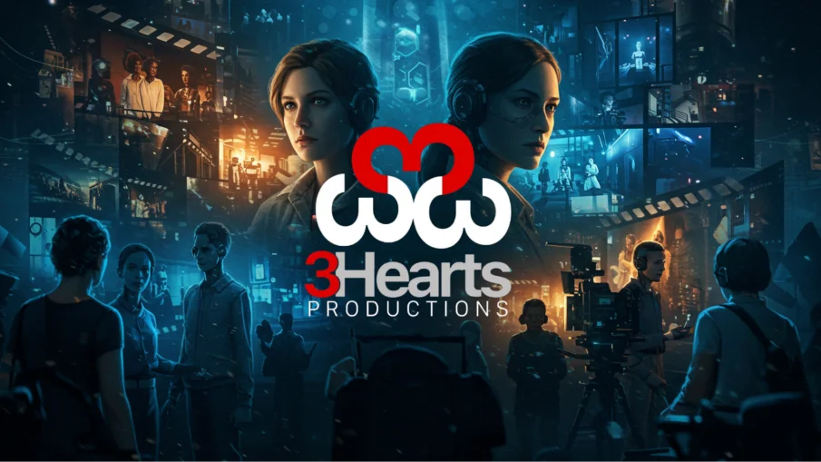 Cinematic brand poster for 3Hearts Productions with film-set collage