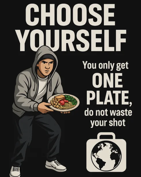 Choose Yourself motivational poster, illustrated figure holding one plate