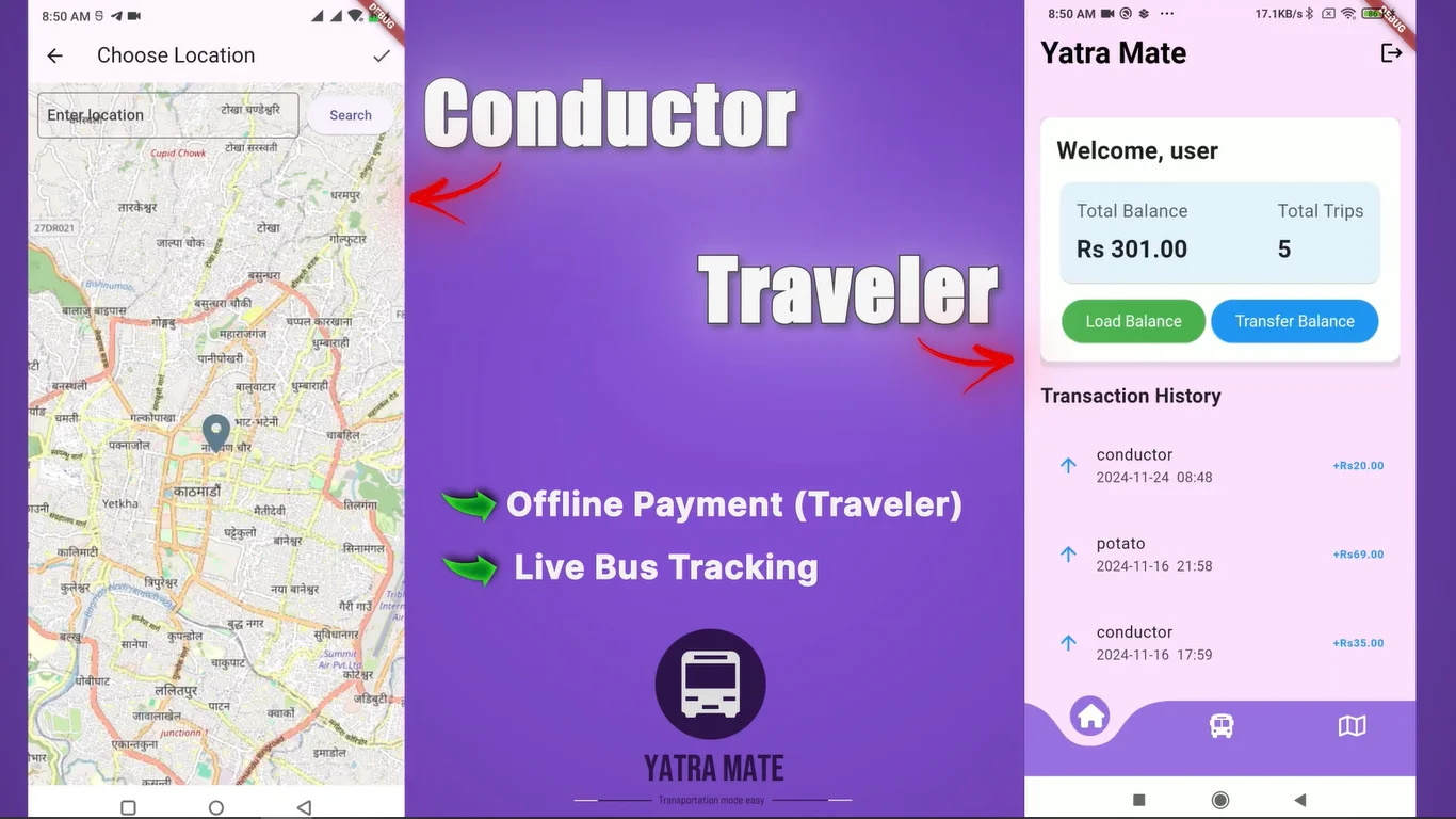 YatraMate app mockup: offline QR transit payment and live bus tracking screens