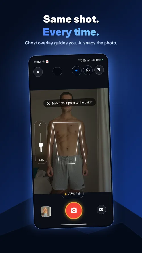 Morphly app screenshot showing the ghost-overlay camera alignment