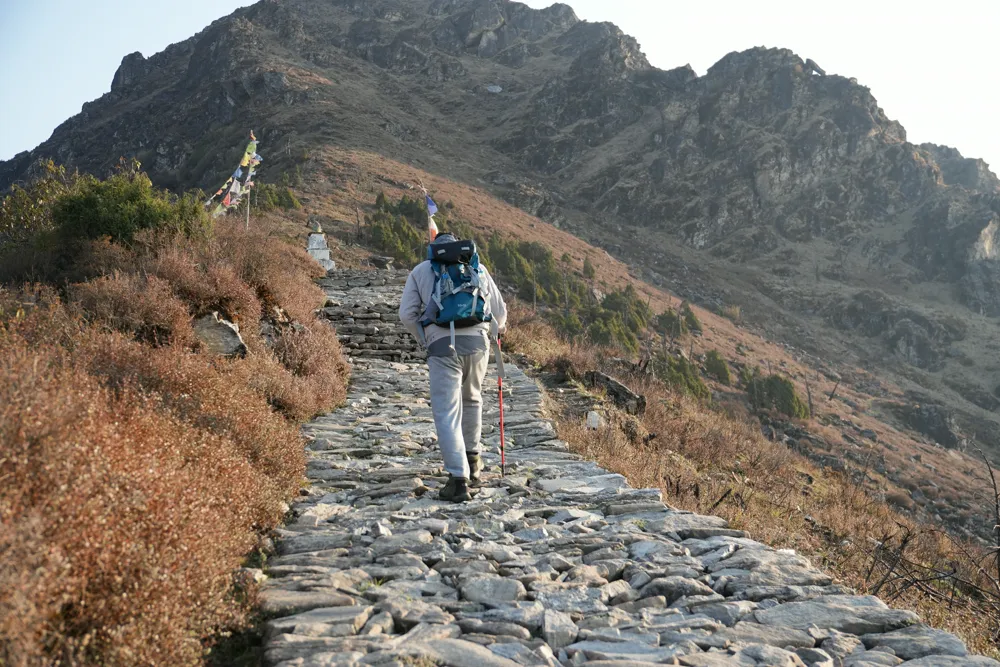 toward the flags - panch pokhari ridgeline